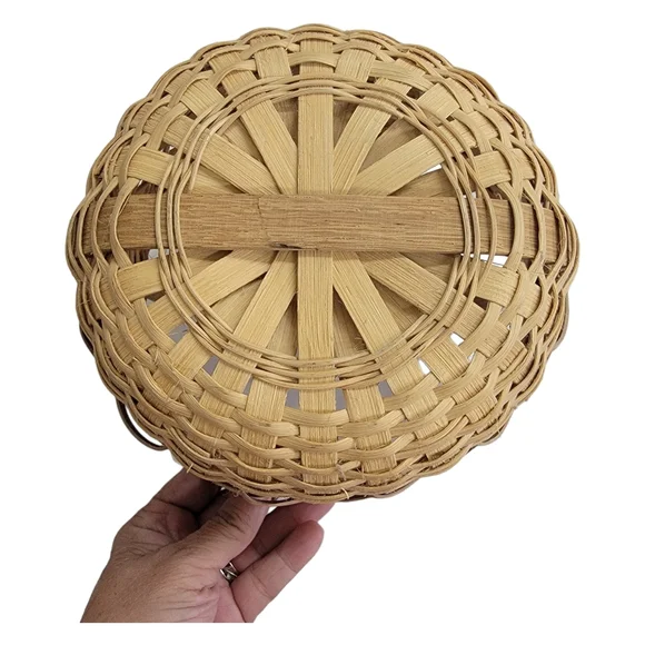 Basket Woven Brown Tall Single Oak Handle Decorative 8" x 7" Vintage Sturdy. - Picture 4 of 8